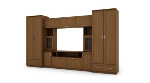 Sieninė spintelė su praplatinimais, didelėmis spintomis ir vieta televizoriui 370 × 210 cm Wiśnia Porto – TAIGA