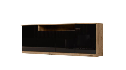 Moderni komoda su „TipOn“ sistema, 200 × 44 cm, „Lefkas“ ąžuolas / blizgi juoda spalva – Luna