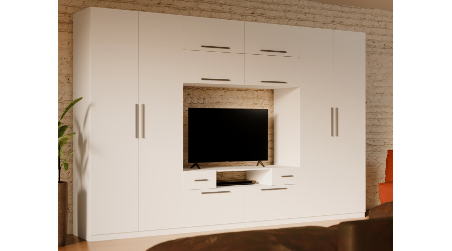 Moderni sieninė spintelė su didelėmis spintomis, lentynomis, televizoriumi ir stalčiais, 350 × 227 cm, Biel – SCANDI - Paveikslėlis 2
