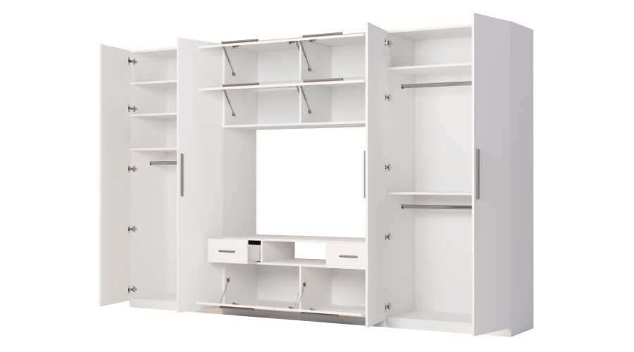 Moderni sieninė spintelė su didelėmis spintomis, lentynomis, televizoriumi ir stalčiais, 350 × 227 cm, Biel – SCANDI - Paveikslėlis 3