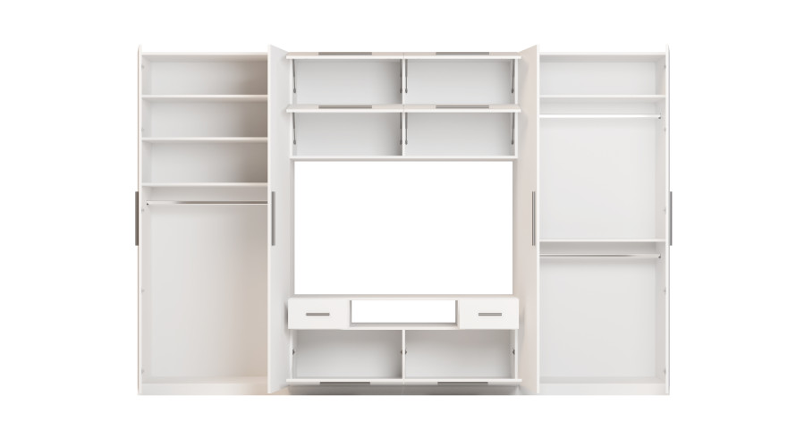 Moderni sieninė spintelė su didelėmis spintomis, lentynomis, televizoriumi ir stalčiais, 350 × 227 cm, Biel – SCANDI - Paveikslėlis 4