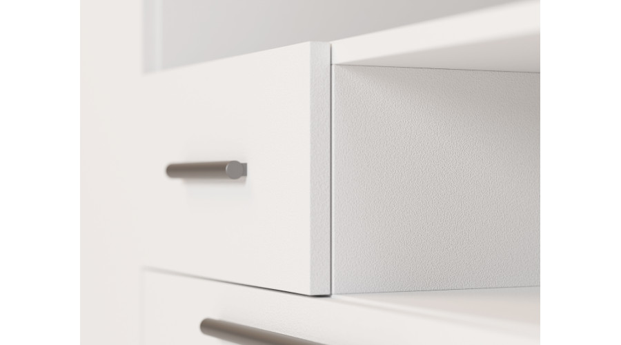 Moderni sieninė spintelė su didelėmis spintomis, lentynomis, televizoriumi ir stalčiais, 350 × 227 cm, Biel – SCANDI - Paveikslėlis 5