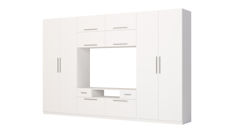 Moderni sieninė spintelė su didelėmis spintomis, lentynomis, televizoriumi ir stalčiais, 350 × 227 cm, Biel – SCANDI