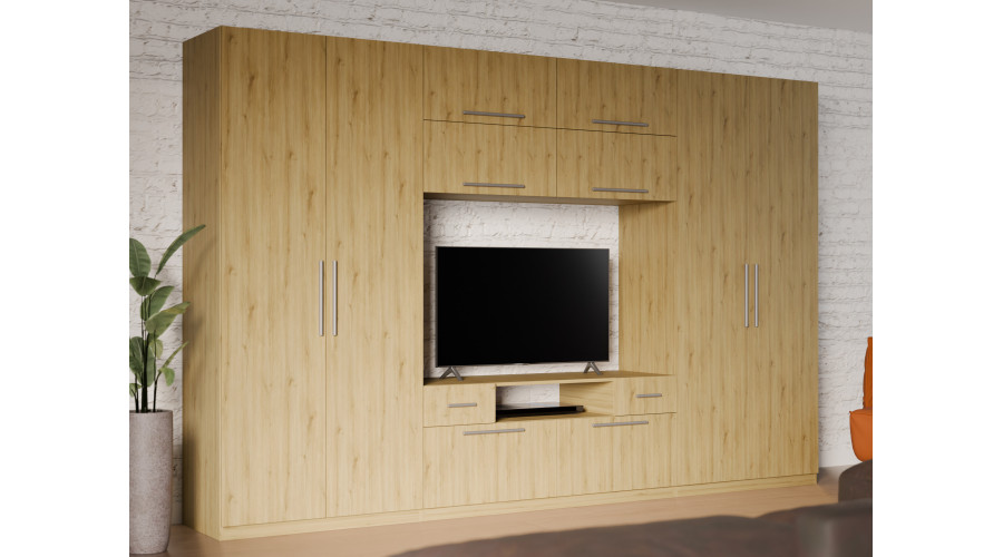 Moderni sieninė spintelė su didelėmis spintomis, lentynomis, televizoriumi ir stalčiais, 350 × 227 cm, Dąb Carpenter Whisky – SCANDI - Paveikslėlis 2