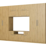 Moderni sieninė spintelė su didelėmis spintomis, lentynomis, televizoriumi ir stalčiais, 350 × 227 cm, Dąb Carpenter Whisky – SCANDI