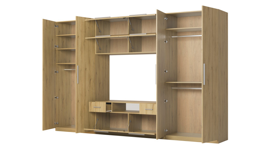 Moderni sieninė spintelė su didelėmis spintomis, lentynomis, televizoriumi ir stalčiais, 350 × 227 cm, Dąb Carpenter Whisky – SCANDI - Paveikslėlis 3