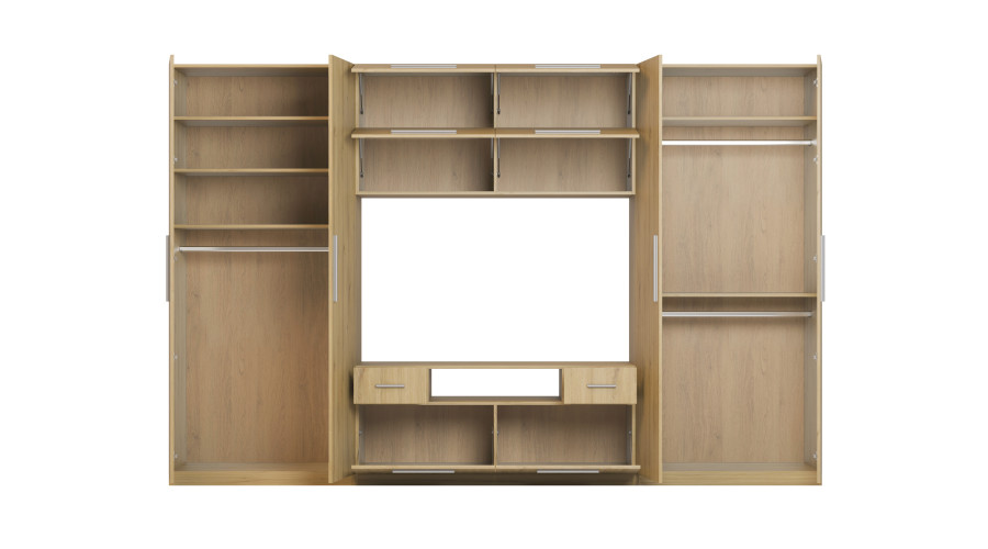 Moderni sieninė spintelė su didelėmis spintomis, lentynomis, televizoriumi ir stalčiais, 350 × 227 cm, Dąb Carpenter Whisky – SCANDI - Paveikslėlis 4