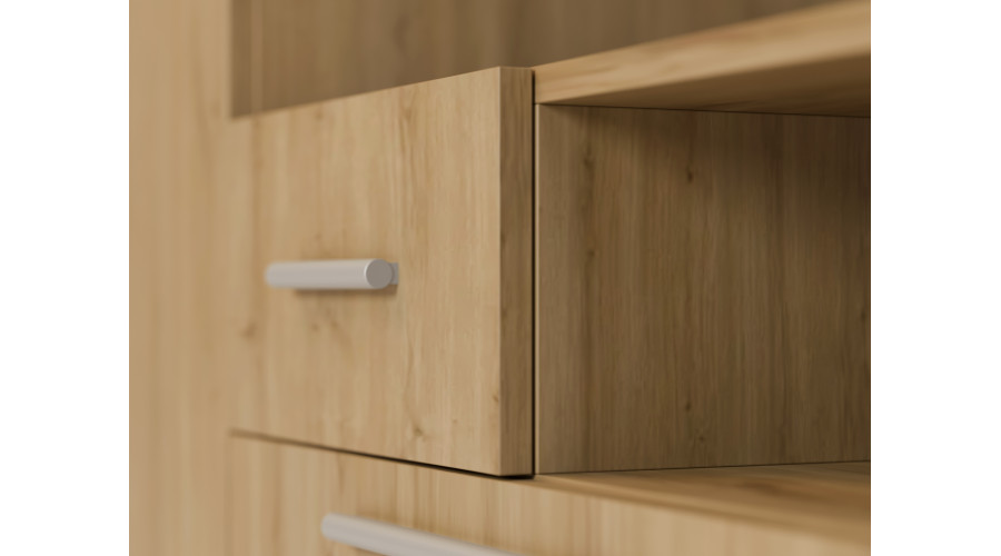 Moderni sieninė spintelė su didelėmis spintomis, lentynomis, televizoriumi ir stalčiais, 350 × 227 cm, Dąb Carpenter Whisky – SCANDI - Paveikslėlis 5