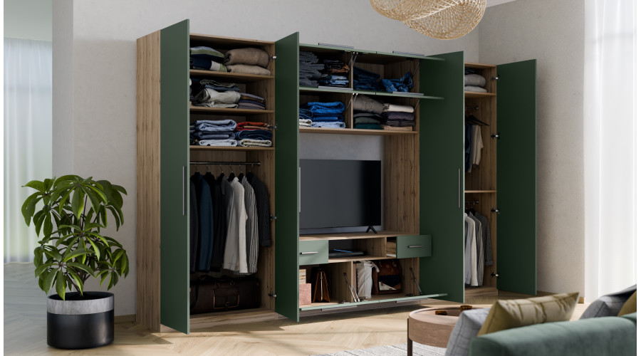 Moderni sieninė spintelė su didelėmis spintomis, lentynomis, televizoriumi ir stalčiais, 350 × 227 cm, Dąb Carpenter Whisky – SCANDI - Paveikslėlis 6