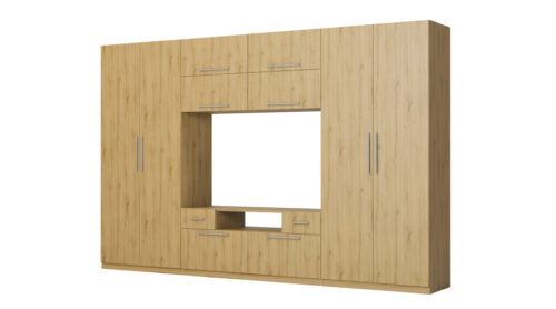 Moderni sieninė spintelė su didelėmis spintomis, lentynomis, televizoriumi ir stalčiais, 350 × 227 cm, Dąb Carpenter Whisky – SCANDI