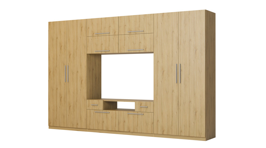 Moderni sieninė spintelė su didelėmis spintomis, lentynomis, televizoriumi ir stalčiais, 350 × 227 cm, Dąb Carpenter Whisky – SCANDI