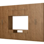 Moderni sieninė spintelė su didelėmis spintomis, lentynomis, televizoriumi ir stalčiais, 350 × 227 cm, Dab Lefkas – SCANDI