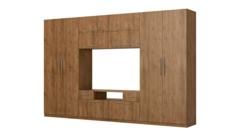 Moderni sieninė spintelė su didelėmis spintomis, lentynomis, televizoriumi ir stalčiais, 350 × 227 cm, Dab Lefkas – SCANDI