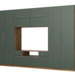 Moderni sieninė spintelė su didelėmis spintomis, lentynomis, televizoriumi ir stalčiais, 350 × 227 cm, Dąb Lefkas / Zieleń Butelkowa – SCANDI