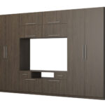 Moderni sieninė spintelė su didelėmis spintomis, lentynomis, televizoriumi ir stalčiais, 350 × 227 cm, Dąb Windmill Dark – SCANDI