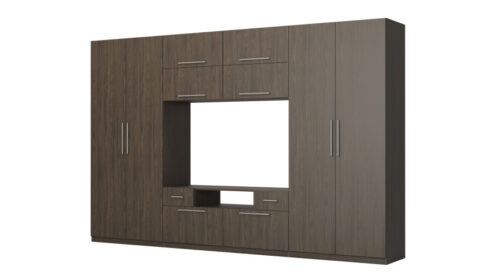 Moderni sieninė spintelė su didelėmis spintomis, lentynomis, televizoriumi ir stalčiais, 350 × 227 cm, Dąb Windmill Dark – SCANDI
