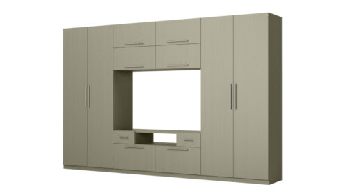 Moderni sieninė spintelė su didelėmis spintomis, lentynomis, televizoriumi ir stalčiais 350 × 227 cm Eukaliptas – SCANDI