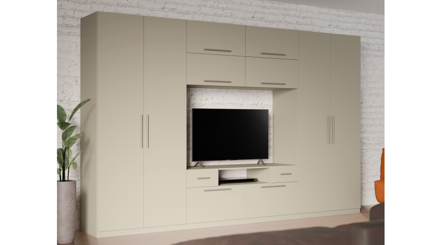 Moderni sieninė spintelė su didelėmis spintomis, lentynomis, televizoriumi ir stalčiais, 350 × 227 cm, Kaszmirowy Beż – SCANDI - Paveikslėlis 2