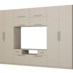 Moderni sieninė spintelė su didelėmis spintomis, lentynomis, televizoriumi ir stalčiais, 350 × 227 cm, Kaszmirowy Beż – SCANDI