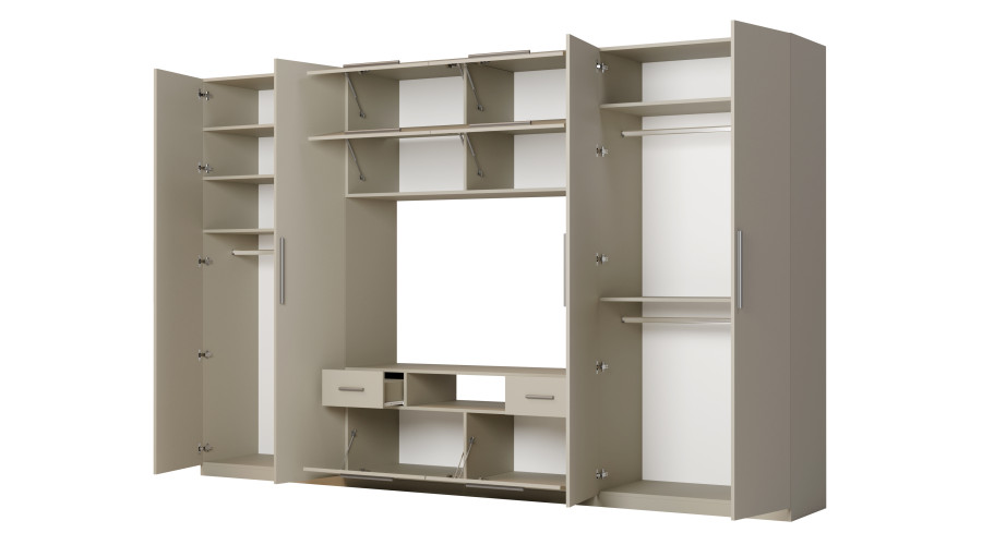 Moderni sieninė spintelė su didelėmis spintomis, lentynomis, televizoriumi ir stalčiais, 350 × 227 cm, Kaszmirowy Beż – SCANDI - Paveikslėlis 3