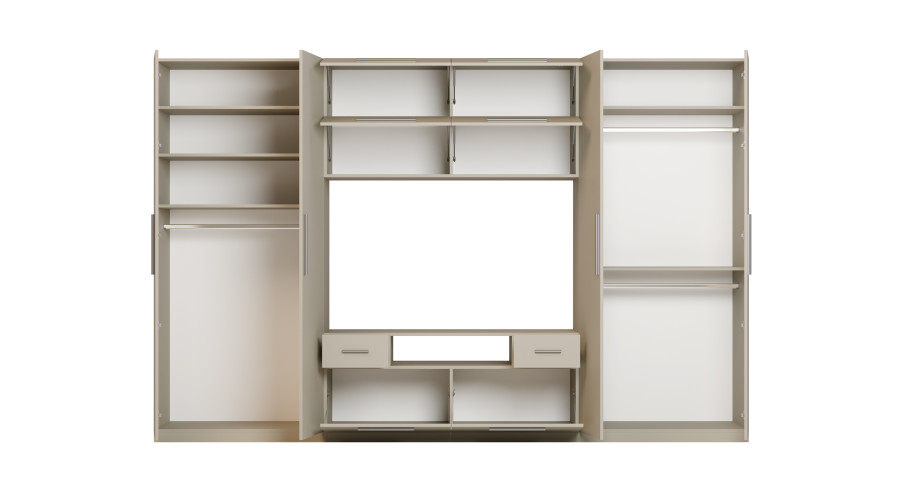 Moderni sieninė spintelė su didelėmis spintomis, lentynomis, televizoriumi ir stalčiais, 350 × 227 cm, Kaszmirowy Beż – SCANDI - Paveikslėlis 4