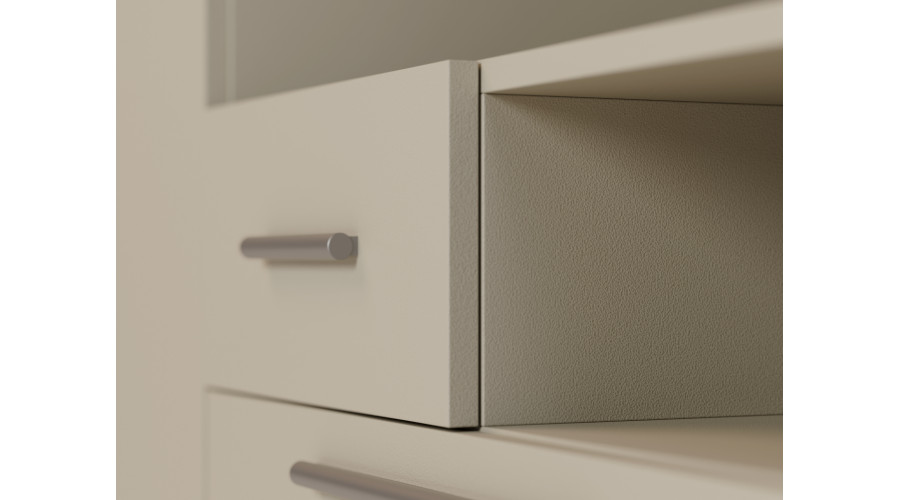 Moderni sieninė spintelė su didelėmis spintomis, lentynomis, televizoriumi ir stalčiais, 350 × 227 cm, Kaszmirowy Beż – SCANDI - Paveikslėlis 5