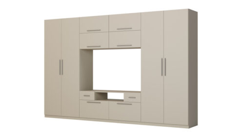 Moderni sieninė spintelė su didelėmis spintomis, lentynomis, televizoriumi ir stalčiais, 350 × 227 cm, Kaszmirowy Beż – SCANDI