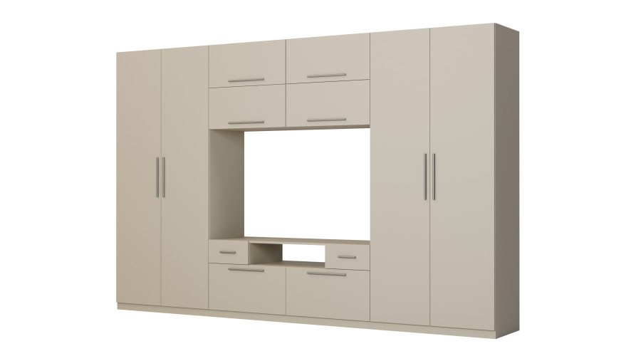 Moderni sieninė spintelė su didelėmis spintomis, lentynomis, televizoriumi ir stalčiais, 350 × 227 cm, Kaszmirowy Beż – SCANDI