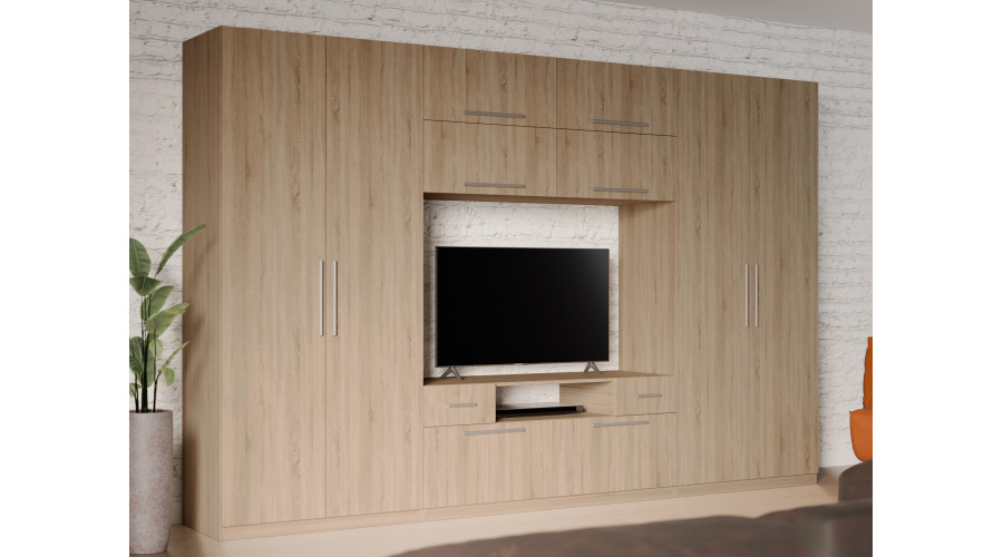Moderni sieninė spintelė su didelėmis spintomis, lentynomis, televizoriumi ir stalčiais 350 × 227 cm Sonoma Jasna – SCANDI - Paveikslėlis 2