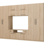 Moderni sieninė spintelė su didelėmis spintomis, lentynomis, televizoriumi ir stalčiais 350 × 227 cm Sonoma Jasna – SCANDI