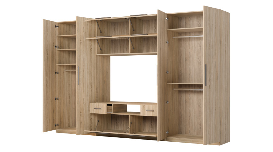 Moderni sieninė spintelė su didelėmis spintomis, lentynomis, televizoriumi ir stalčiais 350 × 227 cm Sonoma Jasna – SCANDI - Paveikslėlis 3