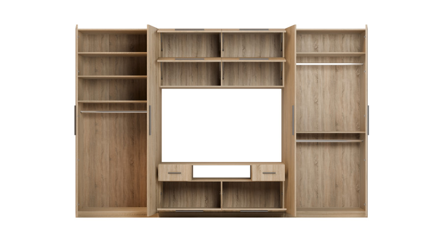 Moderni sieninė spintelė su didelėmis spintomis, lentynomis, televizoriumi ir stalčiais 350 × 227 cm Sonoma Jasna – SCANDI - Paveikslėlis 4