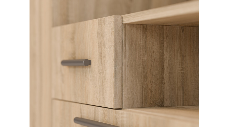 Moderni sieninė spintelė su didelėmis spintomis, lentynomis, televizoriumi ir stalčiais 350 × 227 cm Sonoma Jasna – SCANDI - Paveikslėlis 5