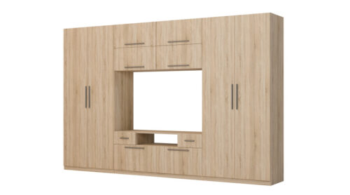 Moderni sieninė spintelė su didelėmis spintomis, lentynomis, televizoriumi ir stalčiais 350 × 227 cm Sonoma Jasna – SCANDI
