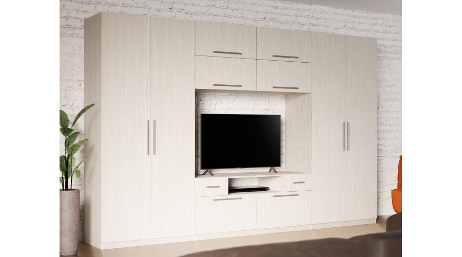 Moderni sieninė spintelė su didelėmis spintomis, lentynomis, televizoriumi ir stalčiais 350 × 227 cm, Anderson sosna – SCANDI - Paveikslėlis 2