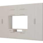 Moderni sieninė spintelė su didelėmis spintomis, lentynomis, televizoriumi ir stalčiais 350 × 227 cm, Anderson sosna – SCANDI