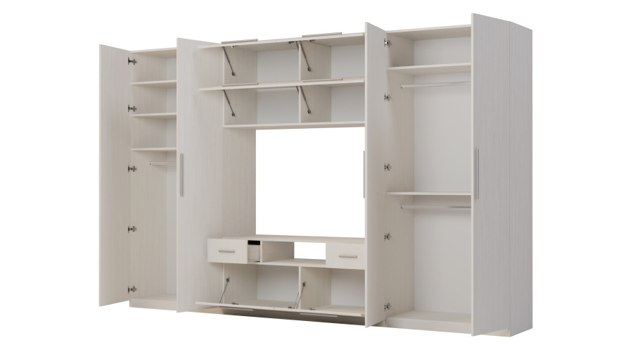 Moderni sieninė spintelė su didelėmis spintomis, lentynomis, televizoriumi ir stalčiais 350 × 227 cm, Anderson sosna – SCANDI - Paveikslėlis 3