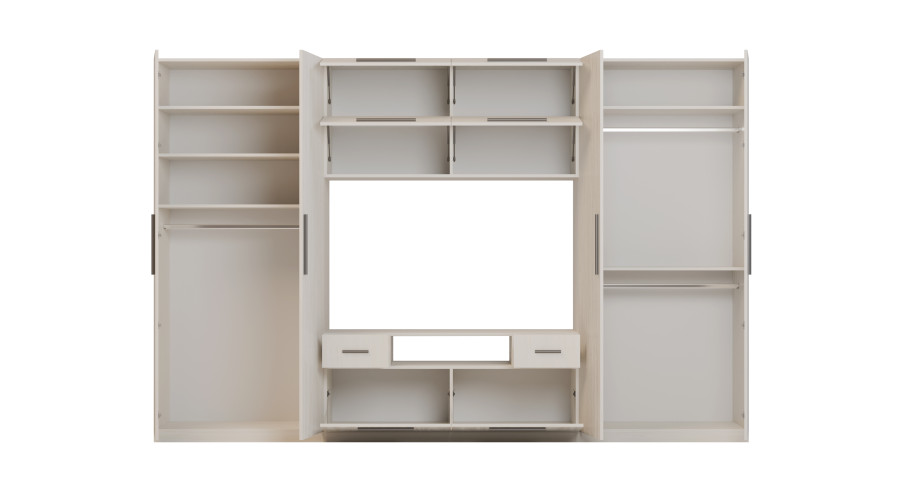 Moderni sieninė spintelė su didelėmis spintomis, lentynomis, televizoriumi ir stalčiais 350 × 227 cm, Anderson sosna – SCANDI - Paveikslėlis 4