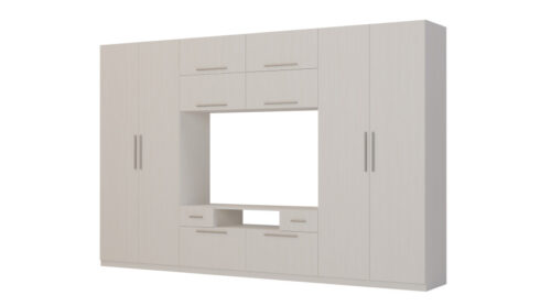 Moderni sieninė spintelė su didelėmis spintomis, lentynomis, televizoriumi ir stalčiais 350 × 227 cm, Anderson sosna – SCANDI