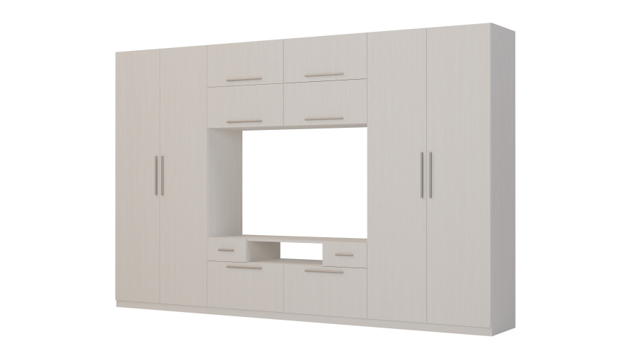 Moderni sieninė spintelė su didelėmis spintomis, lentynomis, televizoriumi ir stalčiais 350 × 227 cm, Anderson sosna – SCANDI