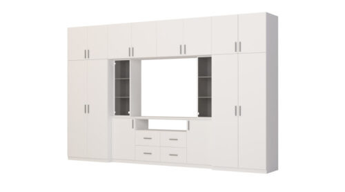 Moderni sieninė spintelė su erdviomis spintomis ir televizoriaus spintele, 380 × 240 cm, Biel – NESTO