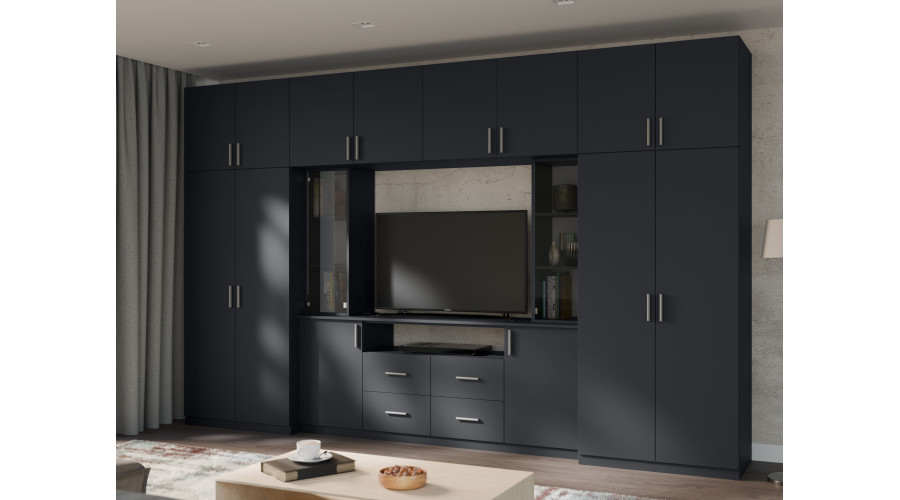 Moderni sieninė spintelė su erdviomis spintomis ir televizoriaus spintele, 380 × 240 cm, Błękit Ciemny – NESTO - Paveikslėlis 2
