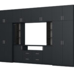 Moderni sieninė spintelė su erdviomis spintomis ir televizoriaus spintele, 380 × 240 cm, Błękit Ciemny – NESTO