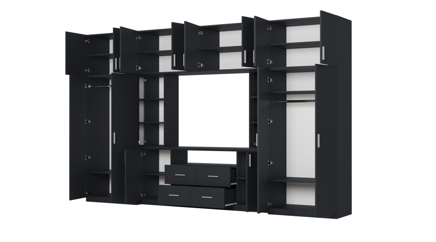 Moderni sieninė spintelė su erdviomis spintomis ir televizoriaus spintele, 380 × 240 cm, Błękit Ciemny – NESTO - Paveikslėlis 3