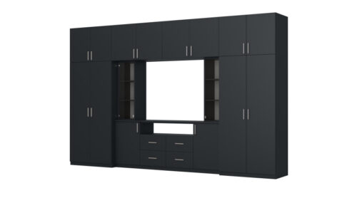Moderni sieninė spintelė su erdviomis spintomis ir televizoriaus spintele, 380 × 240 cm, Błękit Ciemny – NESTO