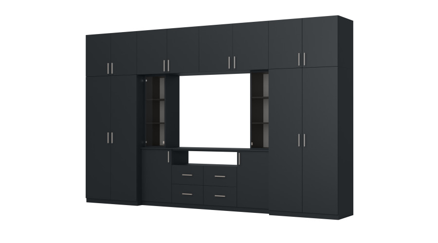 Moderni sieninė spintelė su erdviomis spintomis ir televizoriaus spintele, 380 × 240 cm, Błękit Ciemny – NESTO