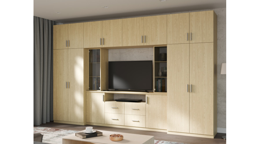 Moderni sieninė spintelė su erdviomis spintomis ir televizoriaus spintele, 380 × 240 cm, Dąb Baltic Dune – NESTO - Paveikslėlis 2