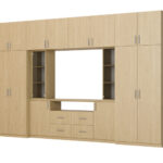 Moderni sieninė spintelė su erdviomis spintomis ir televizoriaus spintele, 380 × 240 cm, Dąb Baltic Dune – NESTO