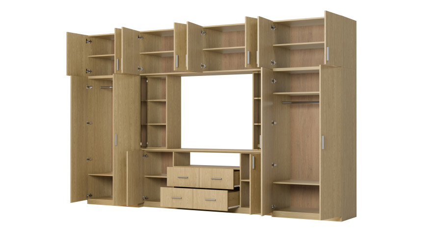 Moderni sieninė spintelė su erdviomis spintomis ir televizoriaus spintele, 380 × 240 cm, Dąb Baltic Dune – NESTO - Paveikslėlis 3