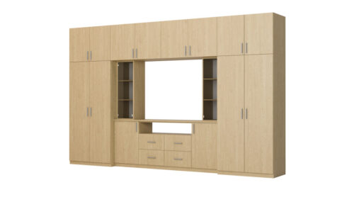 Moderni sieninė spintelė su erdviomis spintomis ir televizoriaus spintele, 380 × 240 cm, Dąb Baltic Dune – NESTO